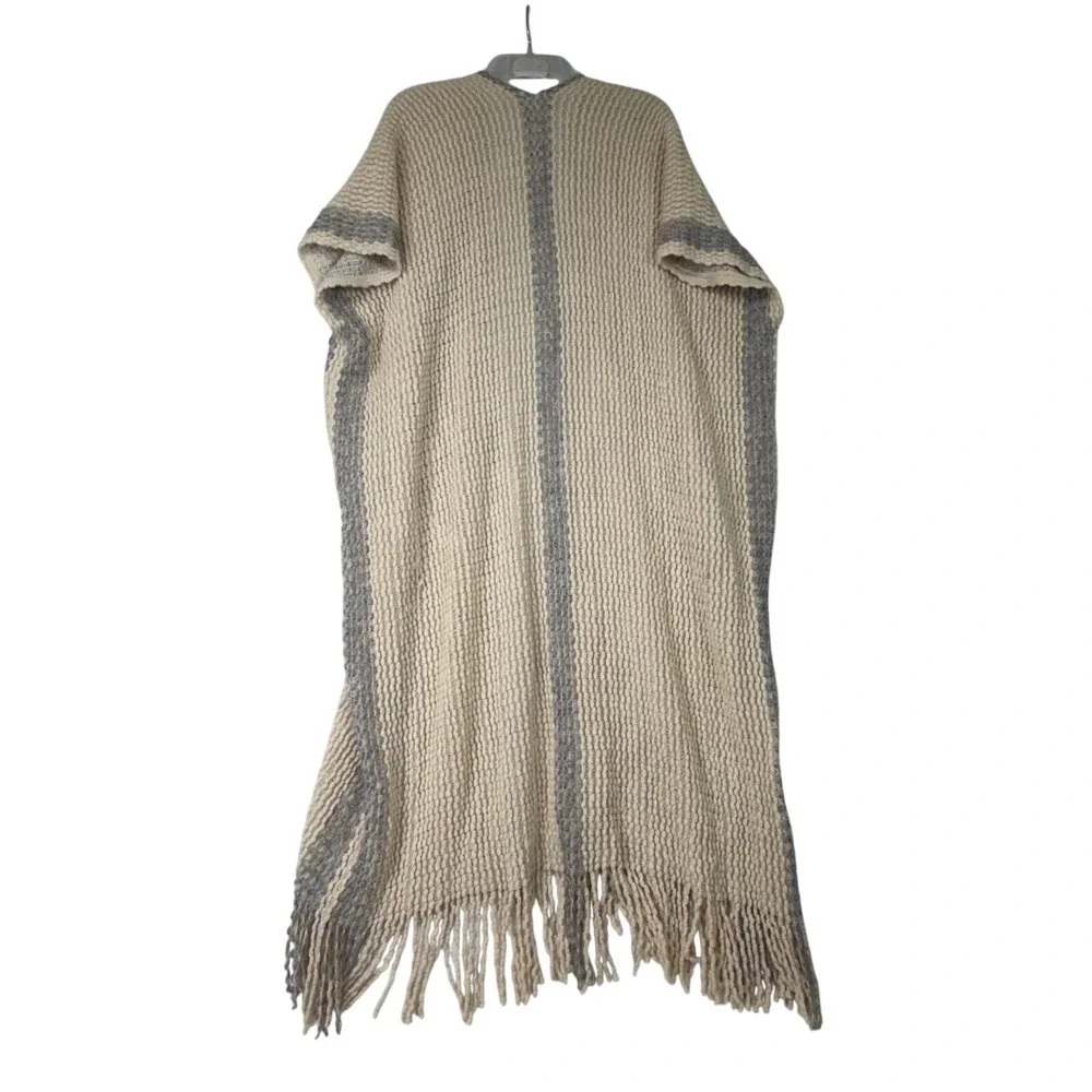 Long Fringe Duster‎ Cardigan Vest Sleeveless Open Front Knit Sweater Beige Gray - Picture 3 of 6